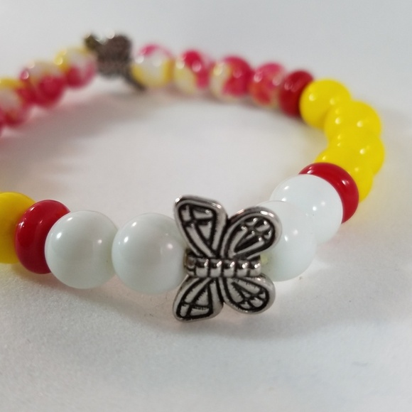 "SOLD" Hand Crafted Beaded Butterfly Stretch Bracelet Girls Yellow White - Picture 4 of 4